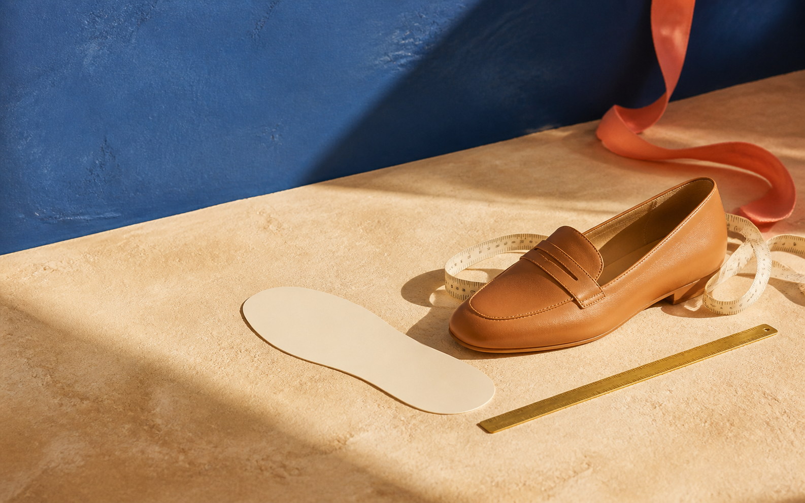 Zapato, plantilla de papel y herramientas de medición dispuestas para comparar el ajuste