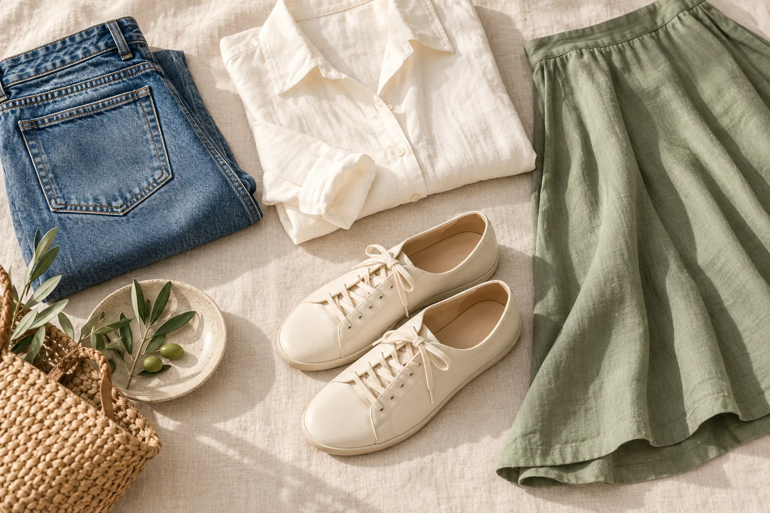 Vaqueros azules, camisa marfil, falda verde y zapatillas claras sin marca sobre una superficie de lino